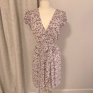 Chiffon faux wrap dress with purple and grey print